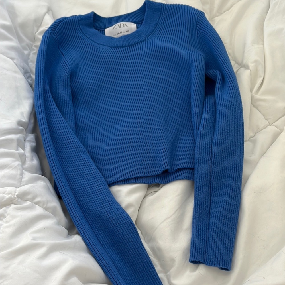Blue Ribbed Knit Sweater